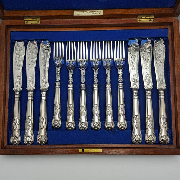 1870年 英国アンティーク 純銀製 フィッシュカトラリー 6ペアセット 箱入り William Marshall